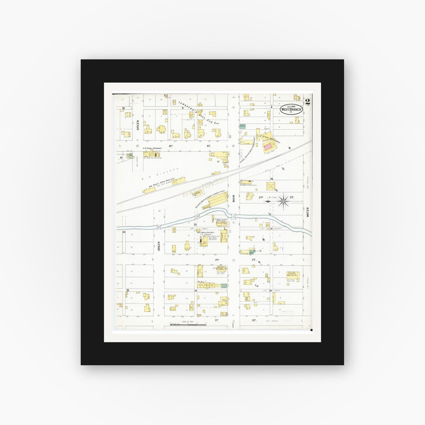 Old map wall art mockup — black gallery frame with white mat — Sanborn Fire Insurance Map from West Branch, Cedar County, Iowa (1900), Sheet #0002
