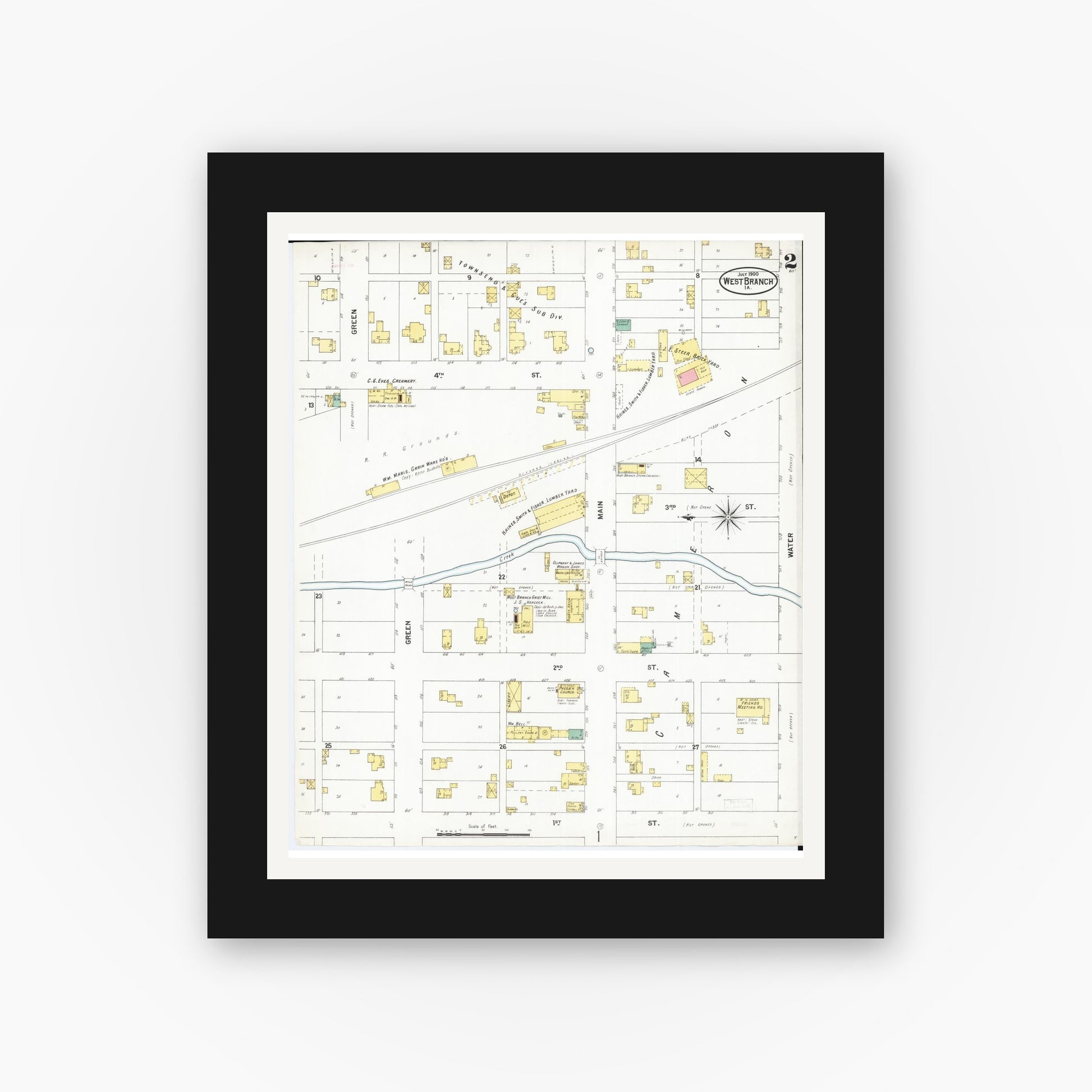 Old map wall art mockup — black gallery frame with white mat — Sanborn Fire Insurance Map from West Branch, Cedar County, Iowa (1900), Sheet #0002