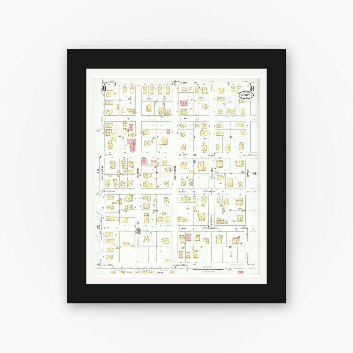 Old map wall art mockup — black gallery frame with white mat — Sanborn Fire Insurance Map from Trenton, Grundy County, Missouri (1924), Sheet #0008