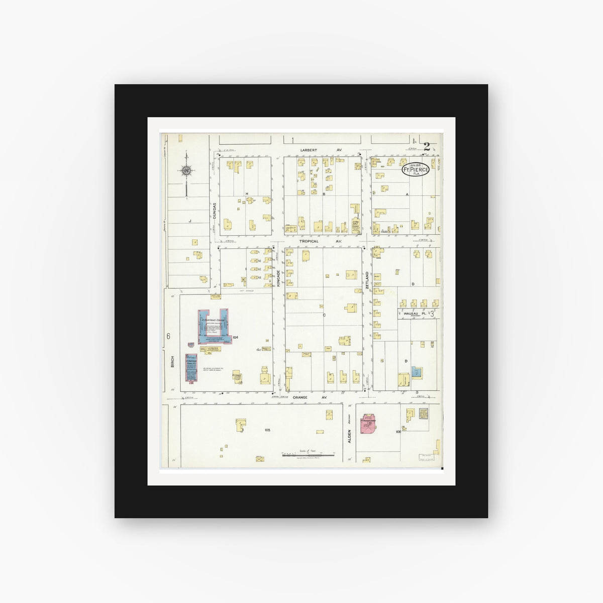 Old map wall art mockup — black gallery frame with white mat — Sanborn Fire Insurance Map from Fort Pierce, St Lucie County, Florida (1918), Sheet #0002