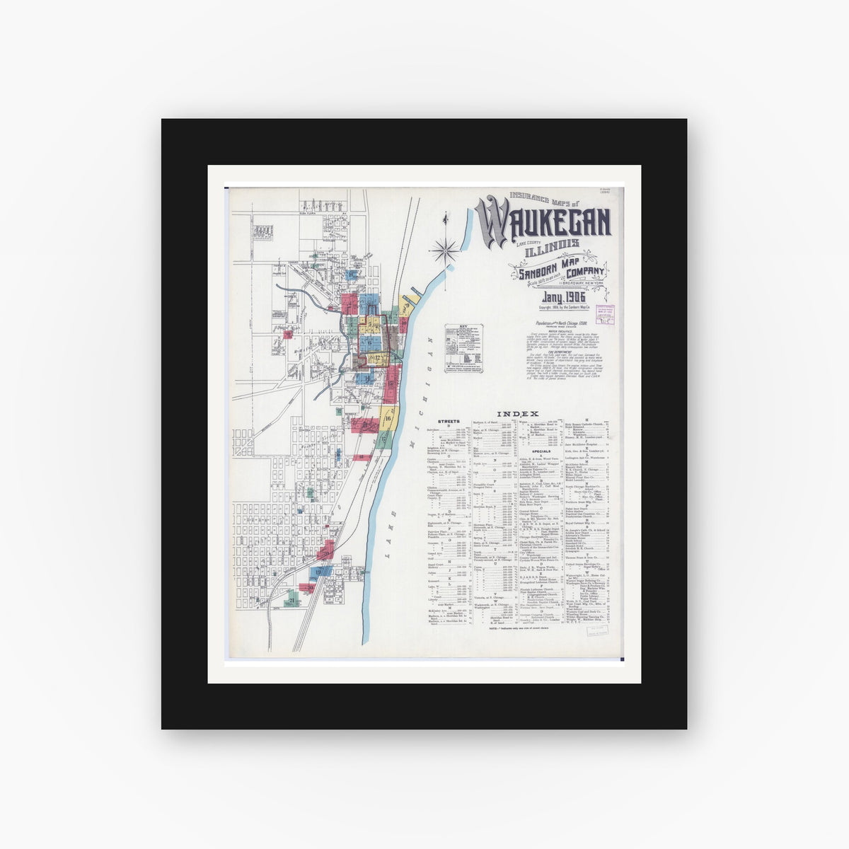 Old map wall art mockup — black gallery frame with white mat — Sanborn Fire Insurance Map from Waukegan, Lake County, Illinois (1906) - Complete Map Set