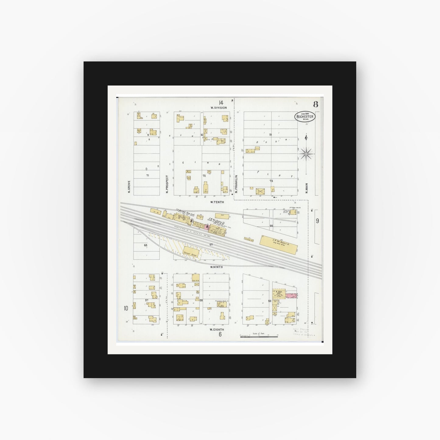 Old map wall art mockup — black gallery frame with white mat — Sanborn Fire Insurance Map from Rochester, Olmsted County, Minnesota (1899), Sheet #0008