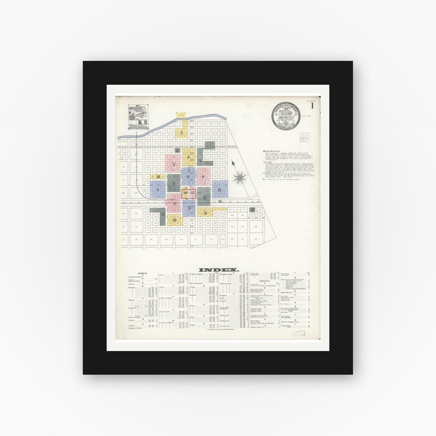 Old map wall art mockup — black gallery frame with white mat — Sanborn Fire Insurance Map from Merced, Merced County, California (1907) - Complete Map Set