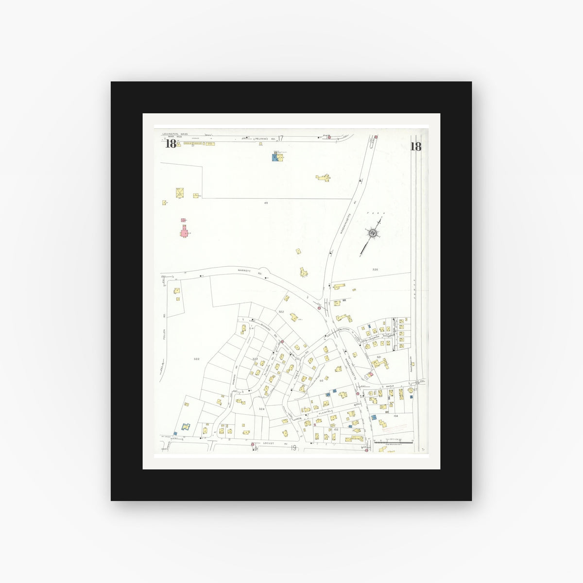 Old map wall art mockup — black gallery frame with white mat — Sanborn Fire Insurance Map from Lexington, Middlesex County, Massachusetts (1935), Sheet #0018