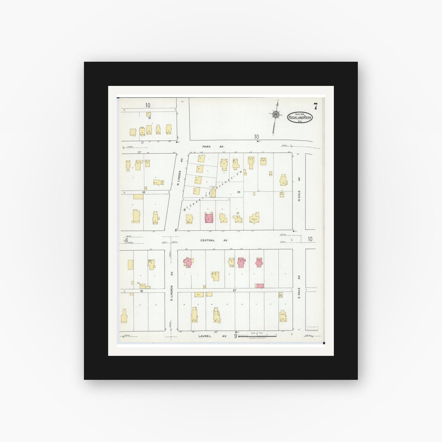Old map wall art mockup — black gallery frame with white mat — Sanborn Fire Insurance Map from Highland Park, Lake County, Illinois (1918), Sheet #0007