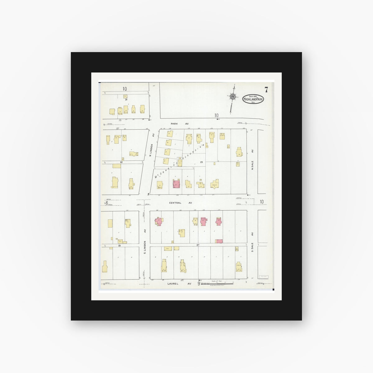 Old map wall art mockup — black gallery frame with white mat — Sanborn Fire Insurance Map from Highland Park, Lake County, Illinois (1918), Sheet #0007