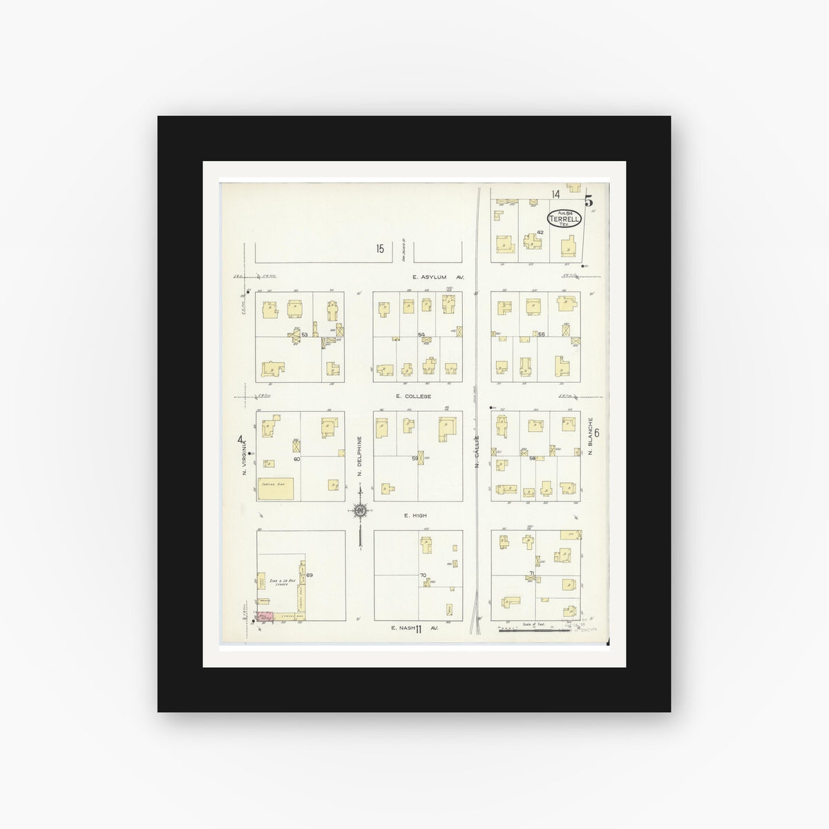 Old map wall art mockup — black gallery frame with white mat — Sanborn Fire Insurance Map from Terrell, Kaufman County, Texas (1914), Sheet #0005