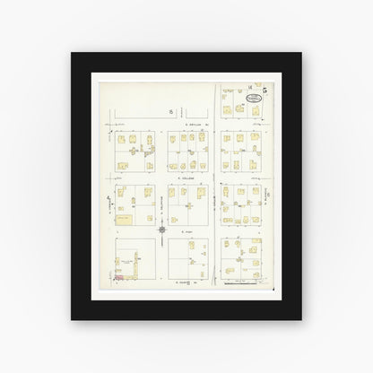 Old map wall art mockup — black gallery frame with white mat — Sanborn Fire Insurance Map from Terrell, Kaufman County, Texas (1914), Sheet #0005