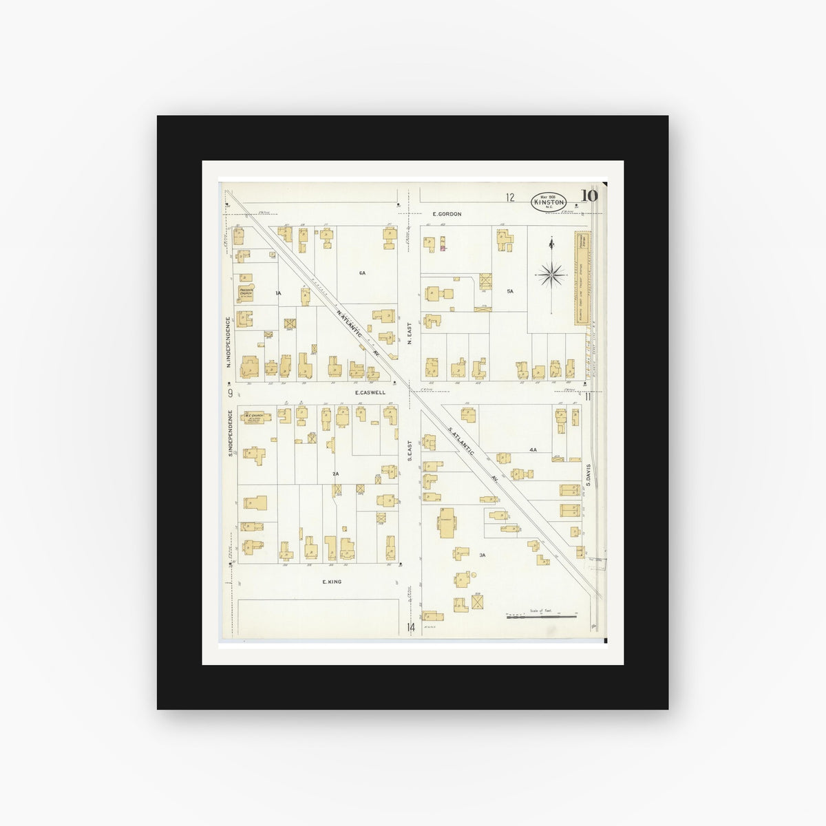 Old map wall art mockup — black gallery frame with white mat — Sanborn Fire Insurance Map from Kinston, Lenoir County, North Carolina (1908), Sheet #0010