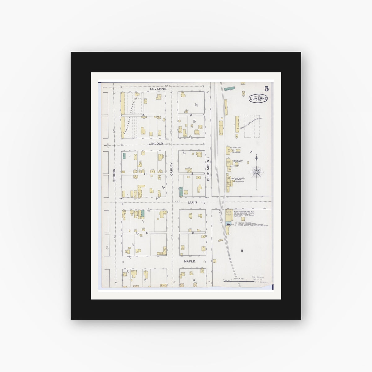 Old map wall art mockup — black gallery frame with white mat — Sanborn Fire Insurance Map from Luverne, Rock County, Minnesota (1894), Sheet #0005