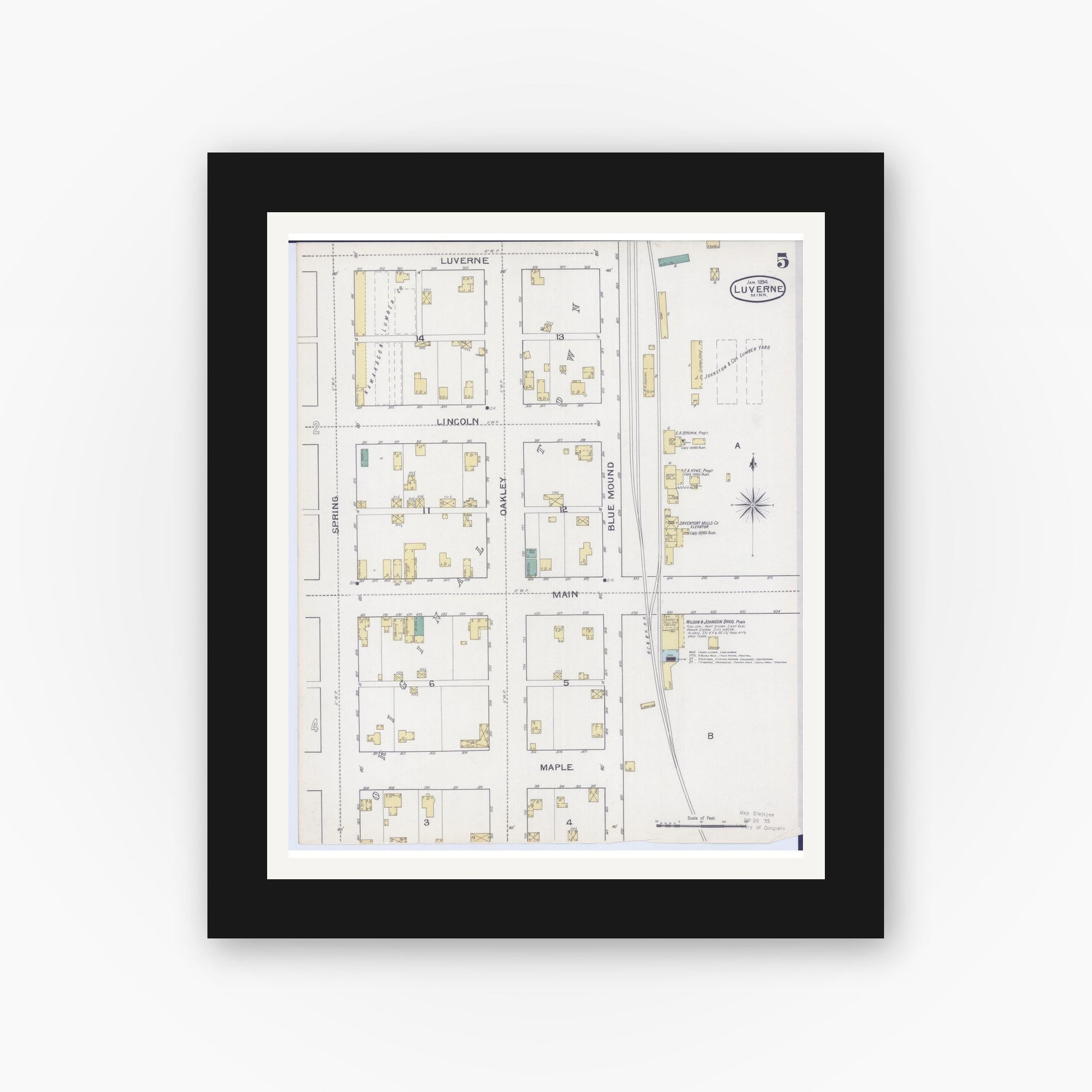 Old map wall art mockup — black gallery frame with white mat — Sanborn Fire Insurance Map from Luverne, Rock County, Minnesota (1894), Sheet #0005