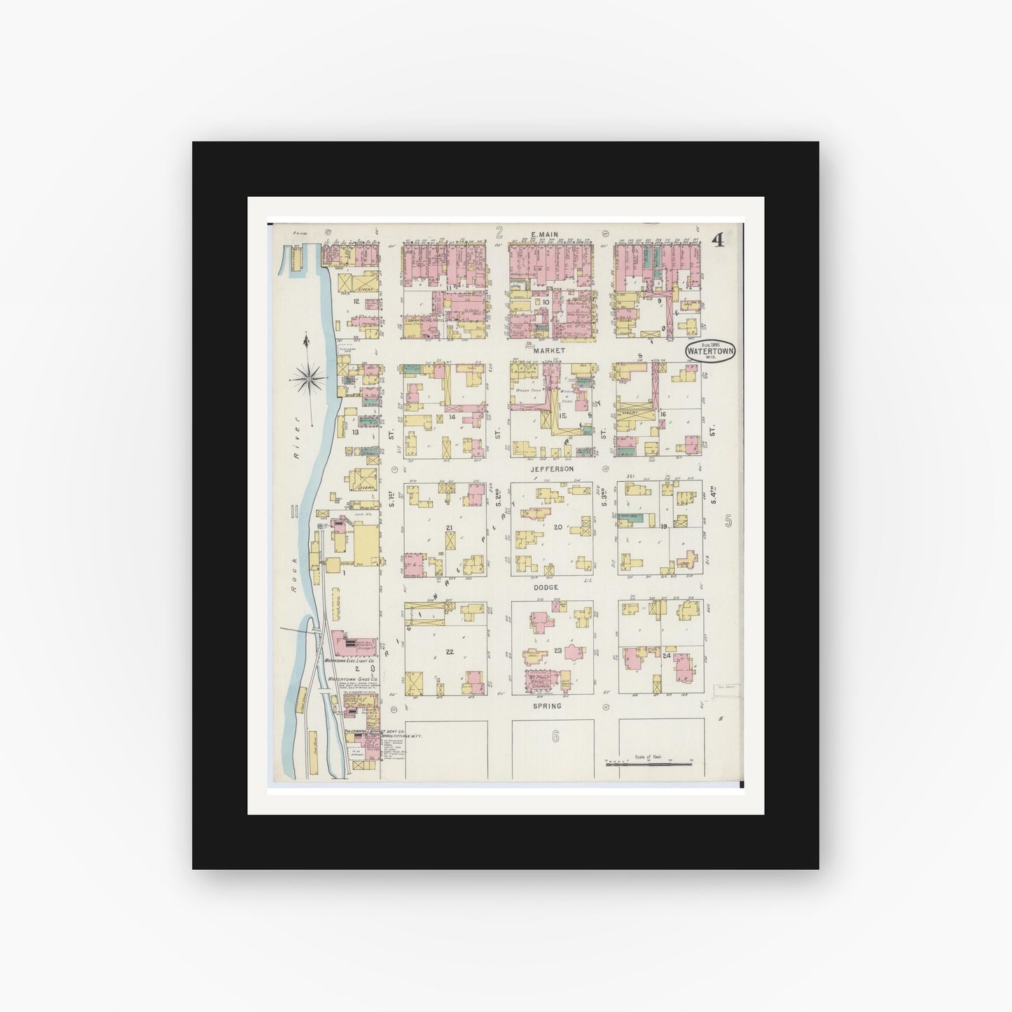 Old map wall art mockup — black gallery frame with white mat — Sanborn Fire Insurance Map from Watertown, Jefferson County, Wisconsin (1895), Sheet #0004
