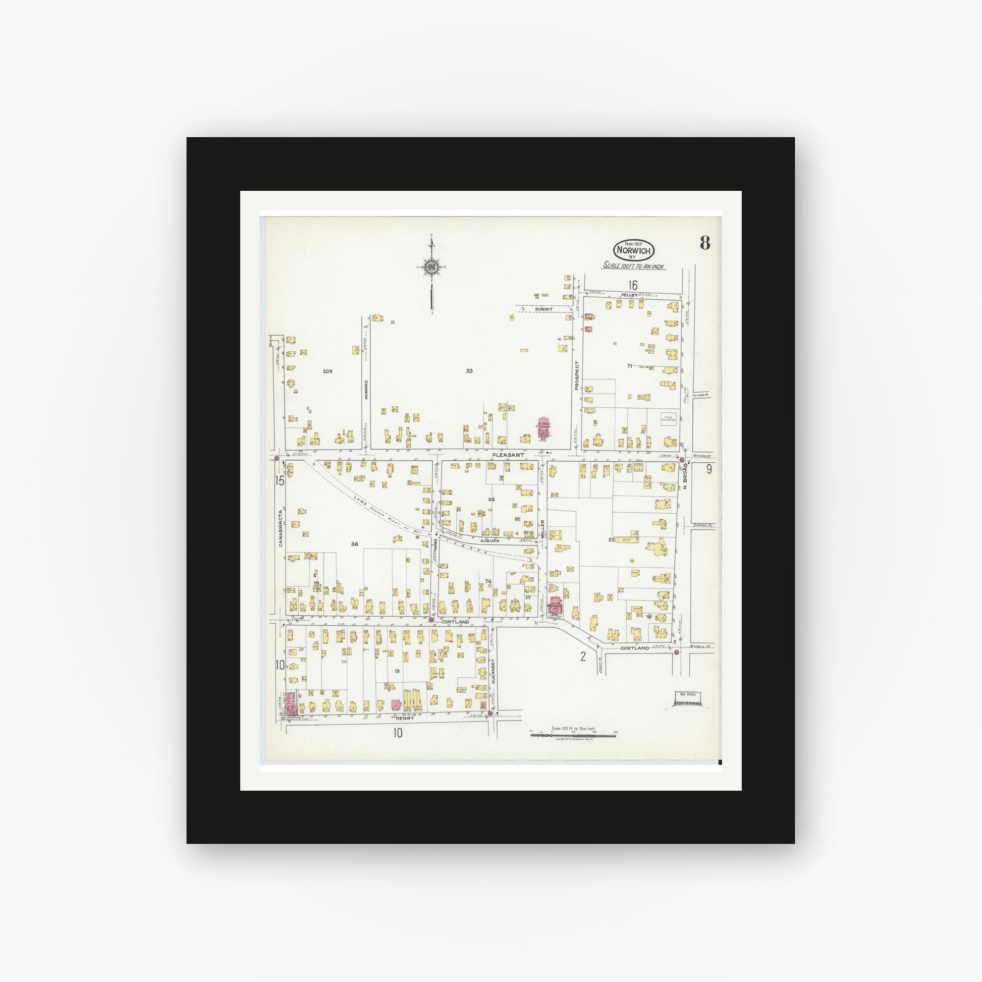 Old map wall art mockup — black gallery frame with white mat — Sanborn Fire Insurance Map from Norwich, Chenango County, New York (1917), Sheet #0008