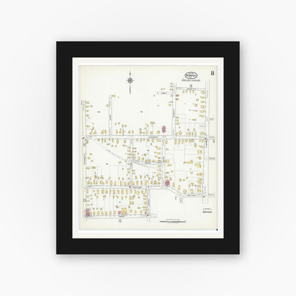 Old map wall art mockup — black gallery frame with white mat — Sanborn Fire Insurance Map from Norwich, Chenango County, New York (1917), Sheet #0008