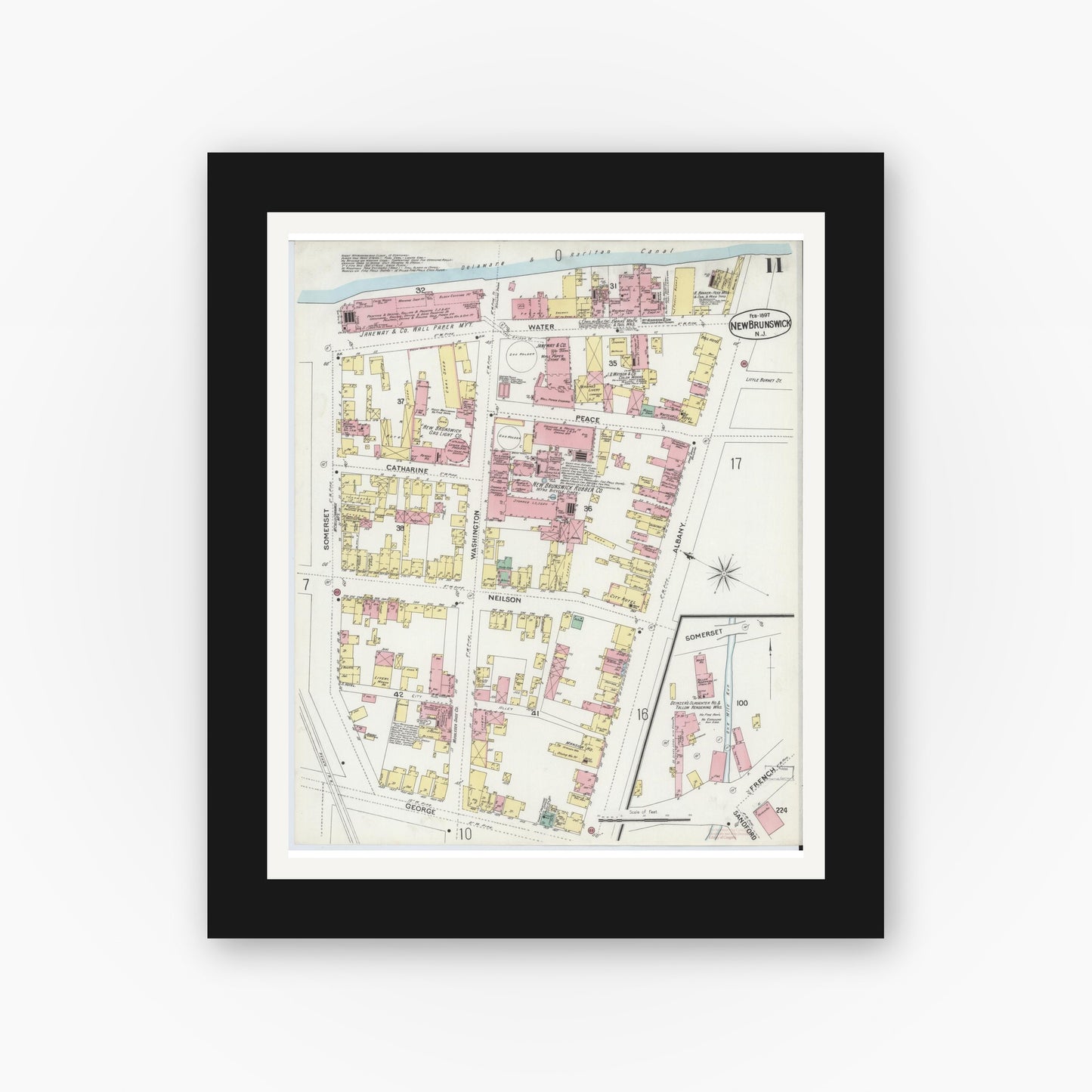 Old map wall art mockup — black gallery frame with white mat — Sanborn Fire Insurance Map from New Brunswick, Middlesex County, New Jersey (1897), Sheet #0011