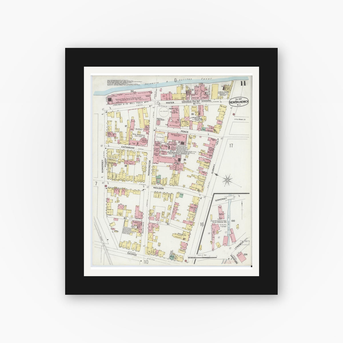 Old map wall art mockup — black gallery frame with white mat — Sanborn Fire Insurance Map from New Brunswick, Middlesex County, New Jersey (1897), Sheet #0011