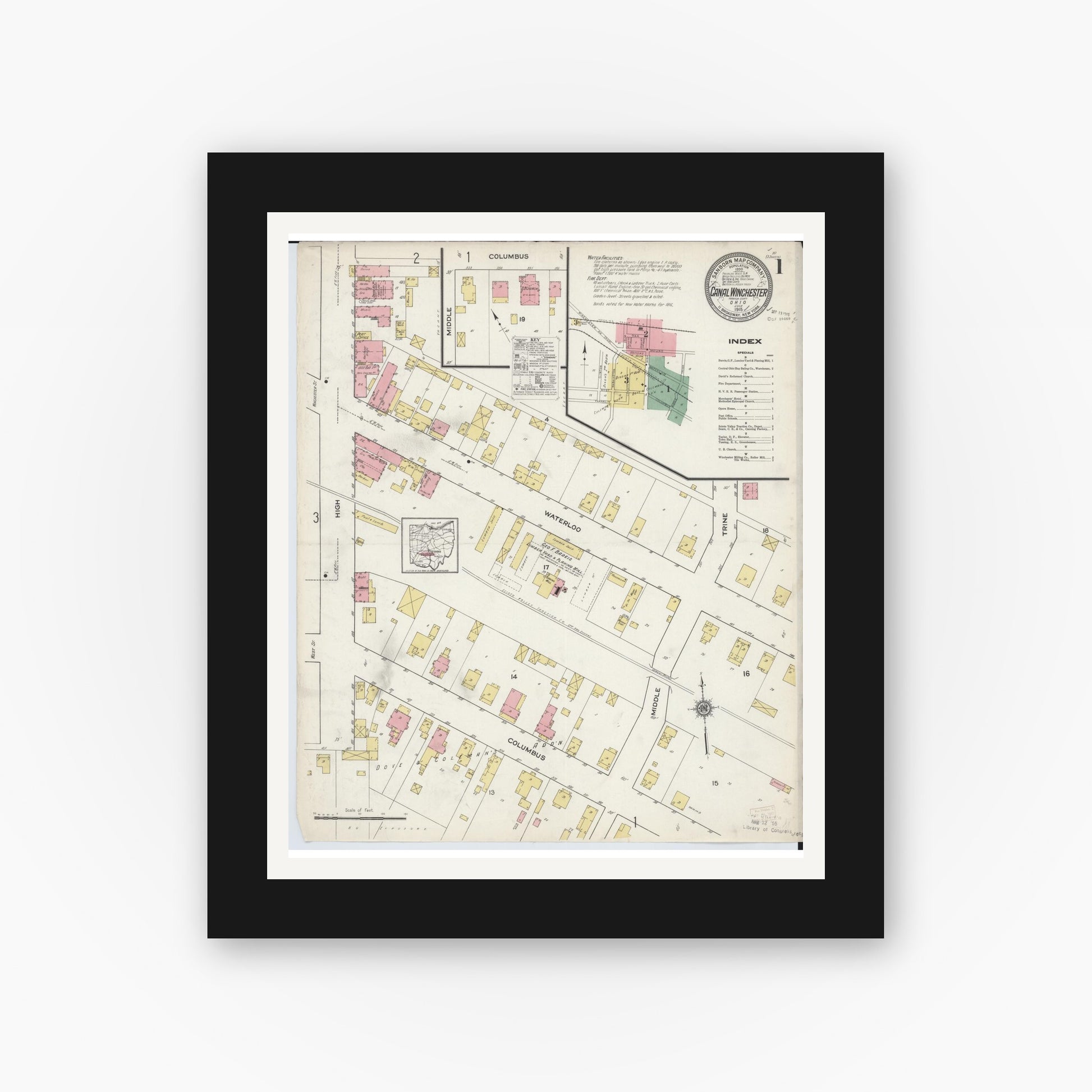 Old map wall art mockup — black gallery frame with white mat — Sanborn Fire Insurance Map from Canal Winchester, Franklin County, Ohio (1915) - Complete Map Set