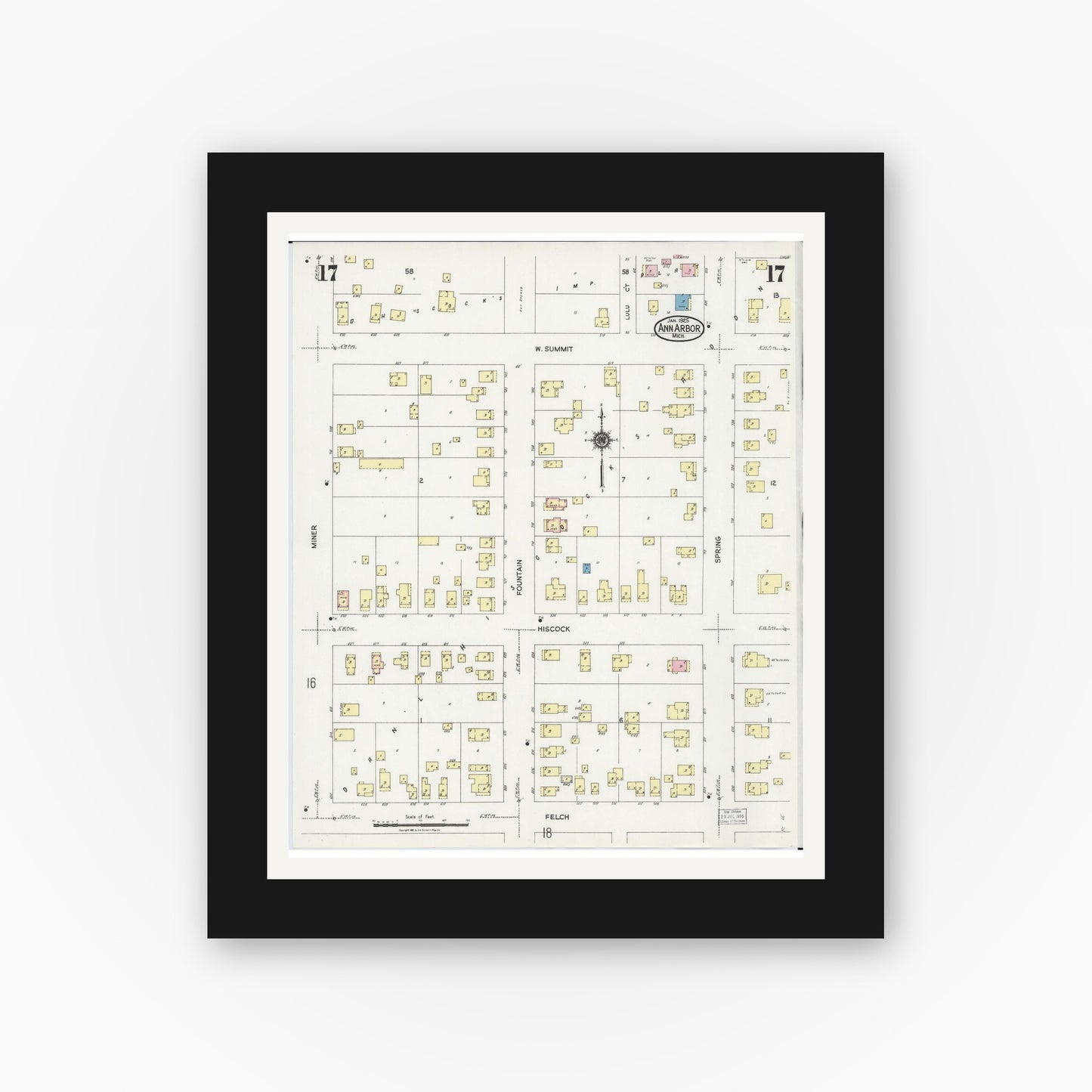 Old map wall art mockup — black gallery frame with white mat — Sanborn Fire Insurance Map from Ann Arbor, Washtenaw County, Michigan (1925), Sheet #0017