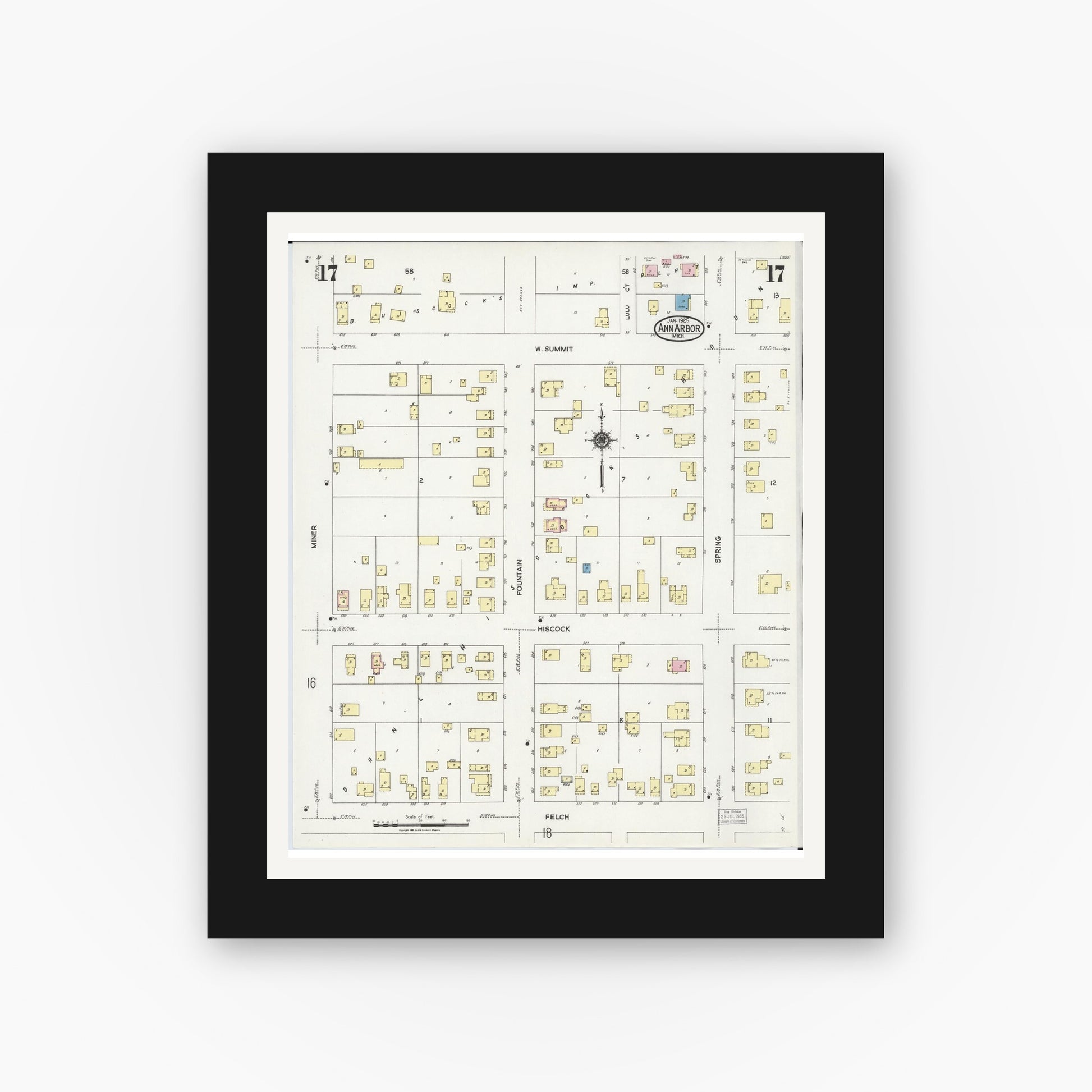 Old map wall art mockup — black gallery frame with white mat — Sanborn Fire Insurance Map from Ann Arbor, Washtenaw County, Michigan (1925), Sheet #0017