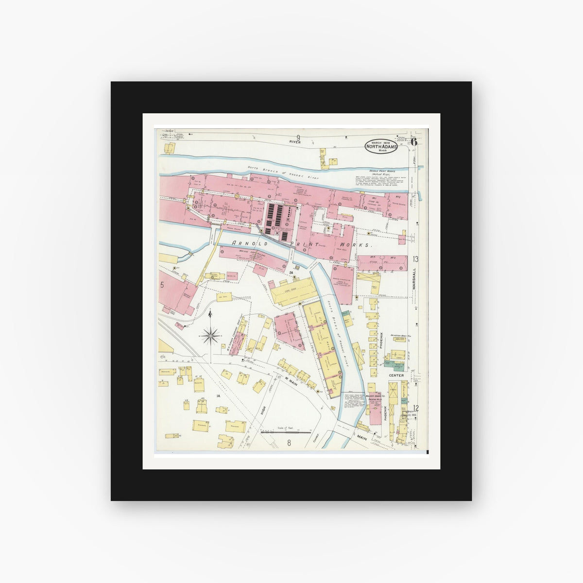 Old map wall art mockup — black gallery frame with white mat — Sanborn Fire Insurance Map from North Adams, Berkshire County, Massachusetts (1908), Sheet #0006