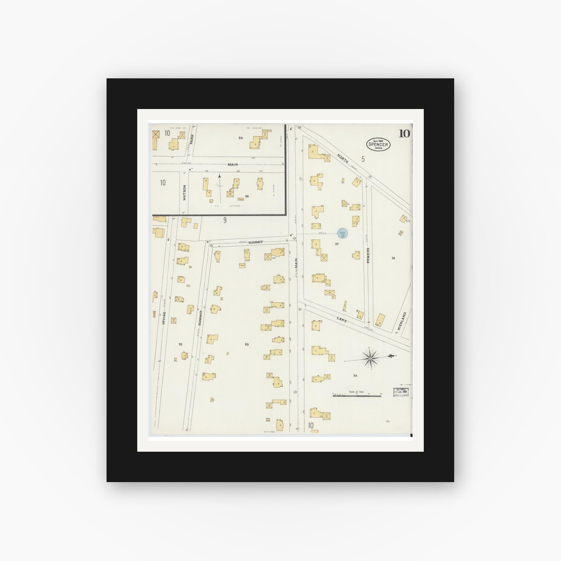 Old map wall art mockup — black gallery frame with white mat — Sanborn Fire Insurance Map from Spencer, Worcester County, Massachusetts (1906), Sheet #0010