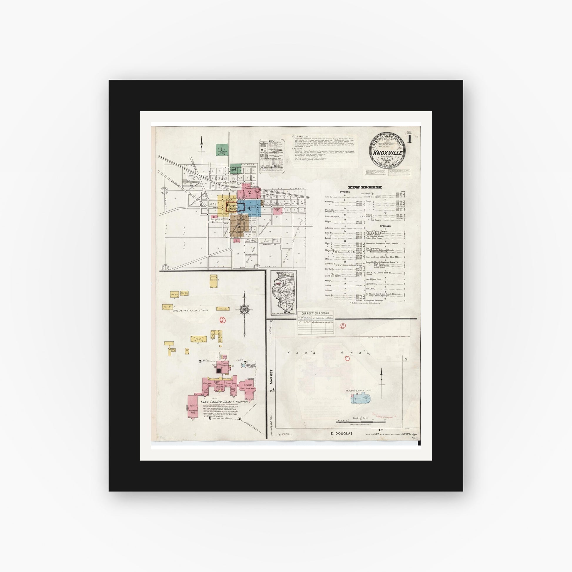 Old map wall art mockup — black gallery frame with white mat — Sanborn Fire Insurance Map from Knoxville, Knox County, Illinois (1944) - Complete Map Set