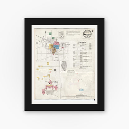 Old map wall art mockup — black gallery frame with white mat — Sanborn Fire Insurance Map from Knoxville, Knox County, Illinois (1944) - Complete Map Set