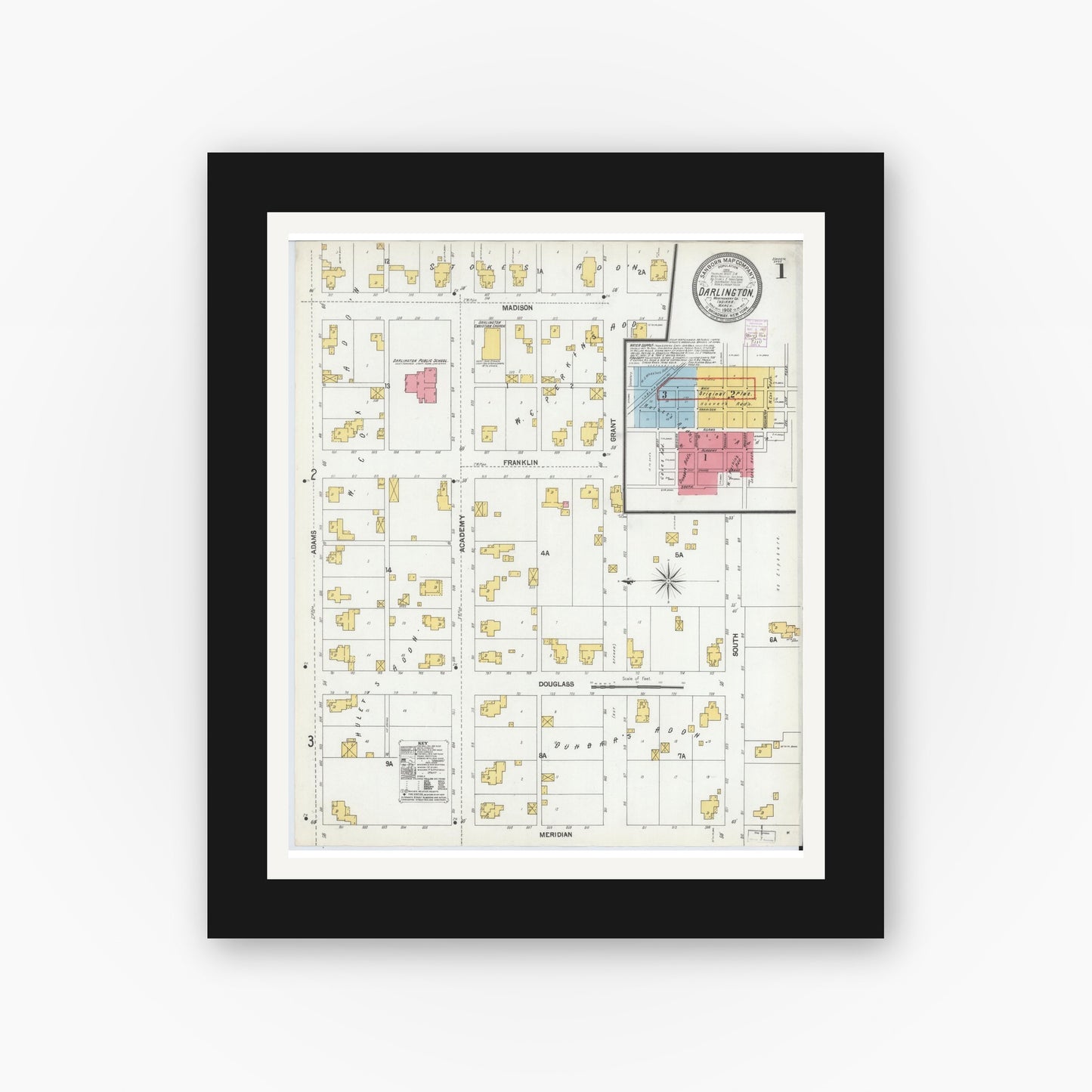 Old map wall art mockup — black gallery frame with white mat — Sanborn Fire Insurance Map from Darlington, Montgomery County, Indiana (1902) - Complete Map Set