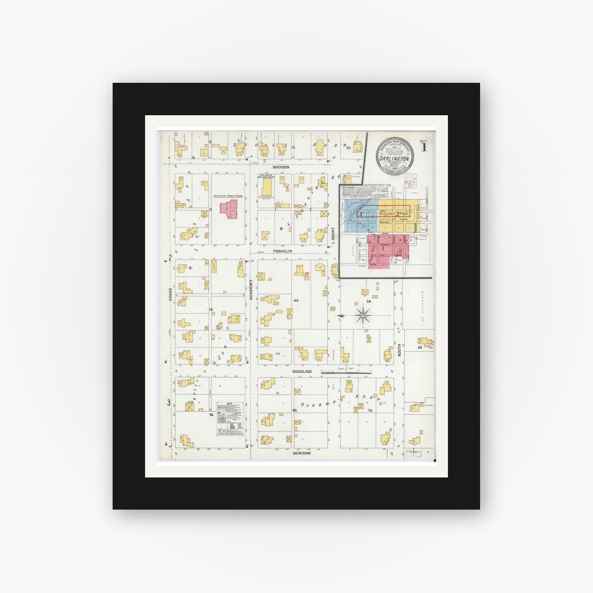 Old map wall art mockup — black gallery frame with white mat — Sanborn Fire Insurance Map from Darlington, Montgomery County, Indiana (1902) - Complete Map Set