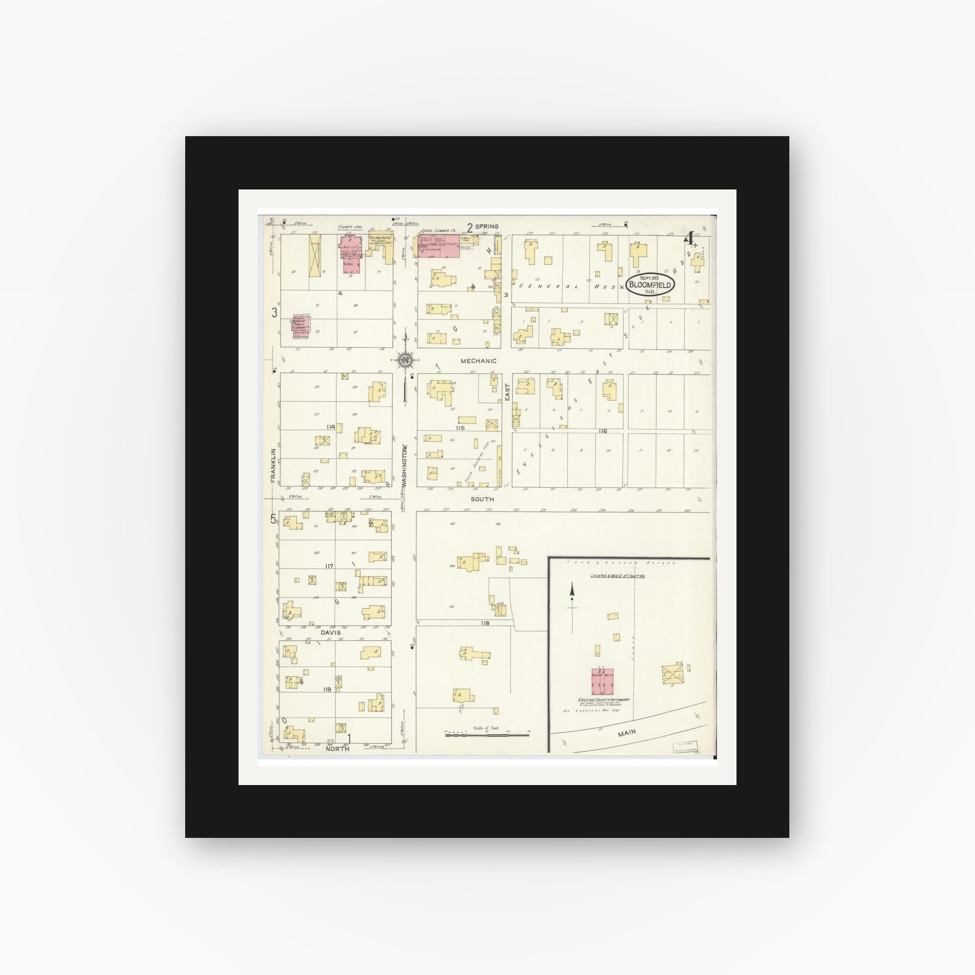 Old map wall art mockup — black gallery frame with white mat — Sanborn Fire Insurance Map from Bloomfield, Greene County, Indiana (1913), Sheet #0004