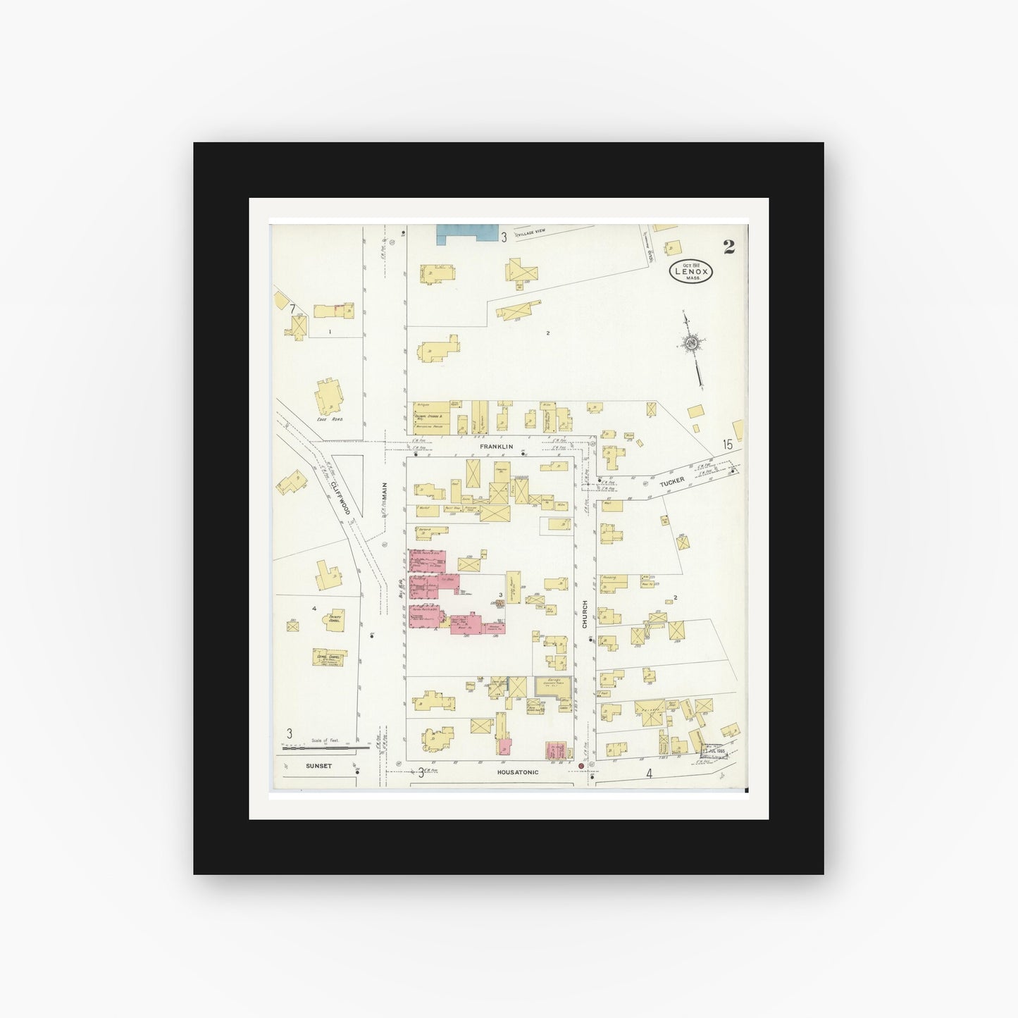 Old map wall art mockup — black gallery frame with white mat — Sanborn Fire Insurance Map from Lenox, Berkshire County, Massachusetts (1911), Sheet #0002