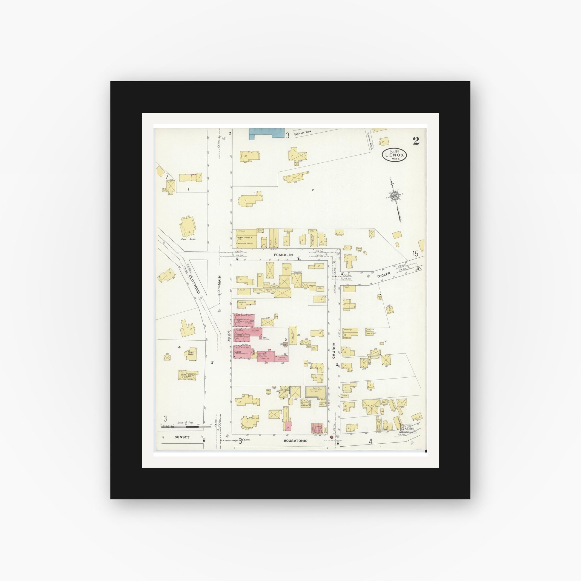 Old map wall art mockup — black gallery frame with white mat — Sanborn Fire Insurance Map from Lenox, Berkshire County, Massachusetts (1911), Sheet #0002