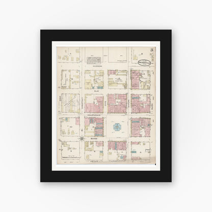 Old map wall art mockup — black gallery frame with white mat — Sanborn Fire Insurance Map from Gainesville, Cooke County, Texas (1885), Sheet #0003
