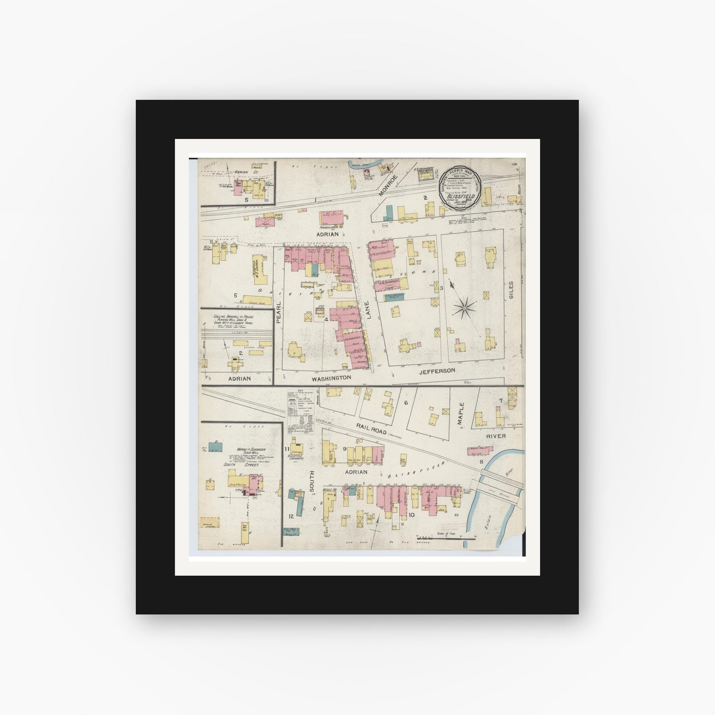 Old map wall art mockup — black gallery frame with white mat — Sanborn Fire Insurance Map from Blissfield, Lenawee County, Michigan (1893), Sheet #0001