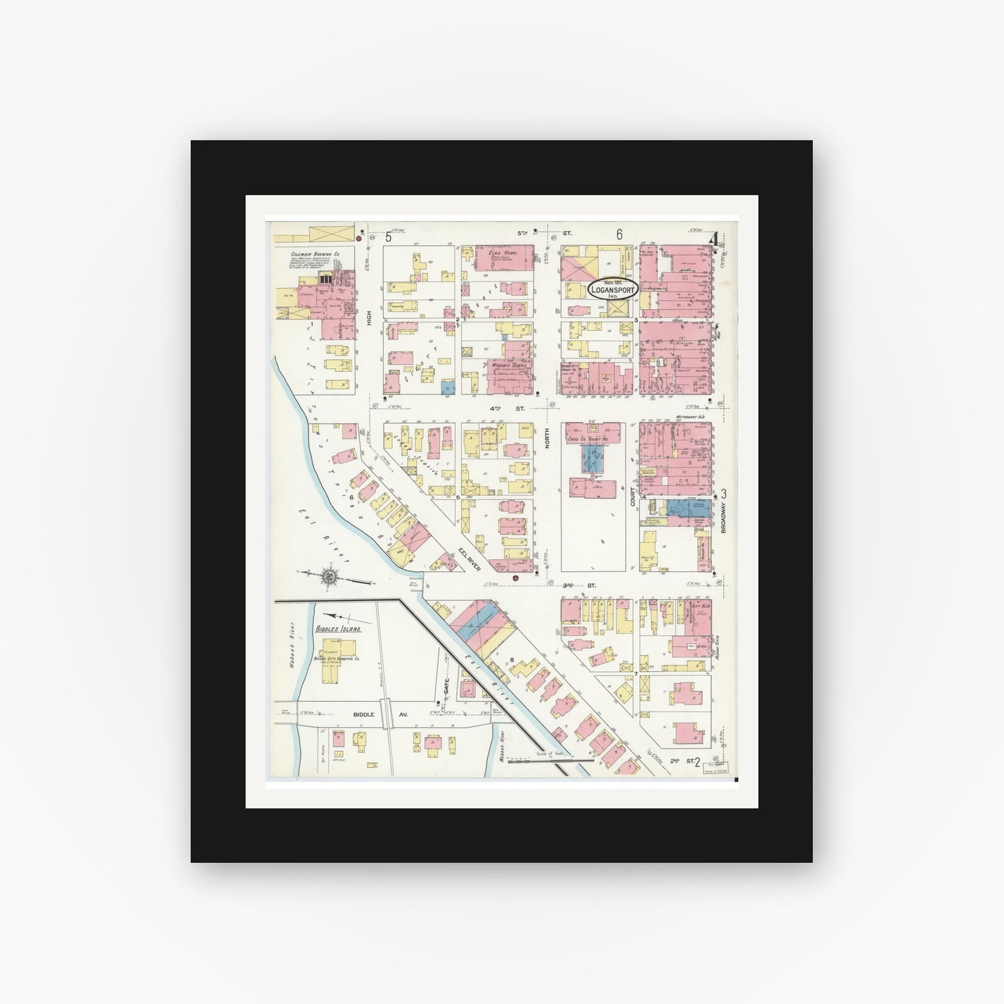 Old map wall art mockup — black gallery frame with white mat — Sanborn Fire Insurance Map from Logansport, Cass County, Indiana (1911), Sheet #0004