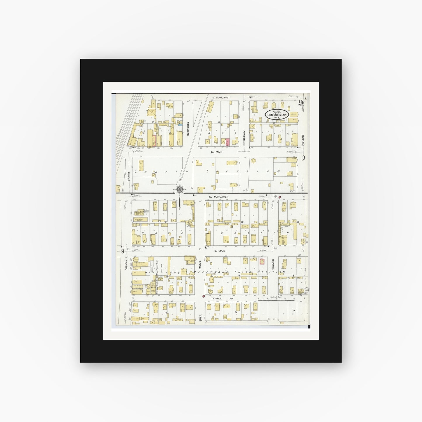 Old map wall art mockup — black gallery frame with white mat — Sanborn Fire Insurance Map from Iron Mountain, Dickinson County, Michigan (1911), Sheet #0009