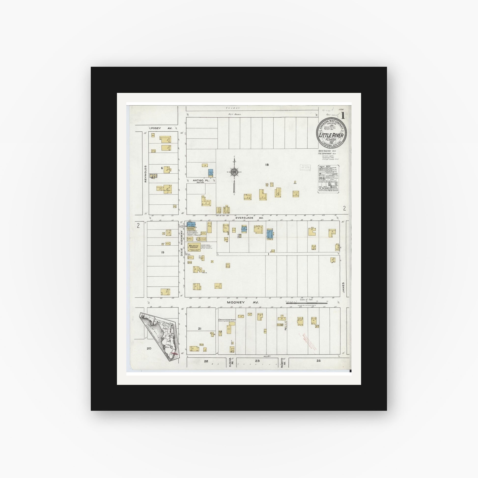 Old map wall art mockup — black gallery frame with white mat — Sanborn Fire Insurance Map from Little River, Dade County, Florida (1921) - Complete Map Set
