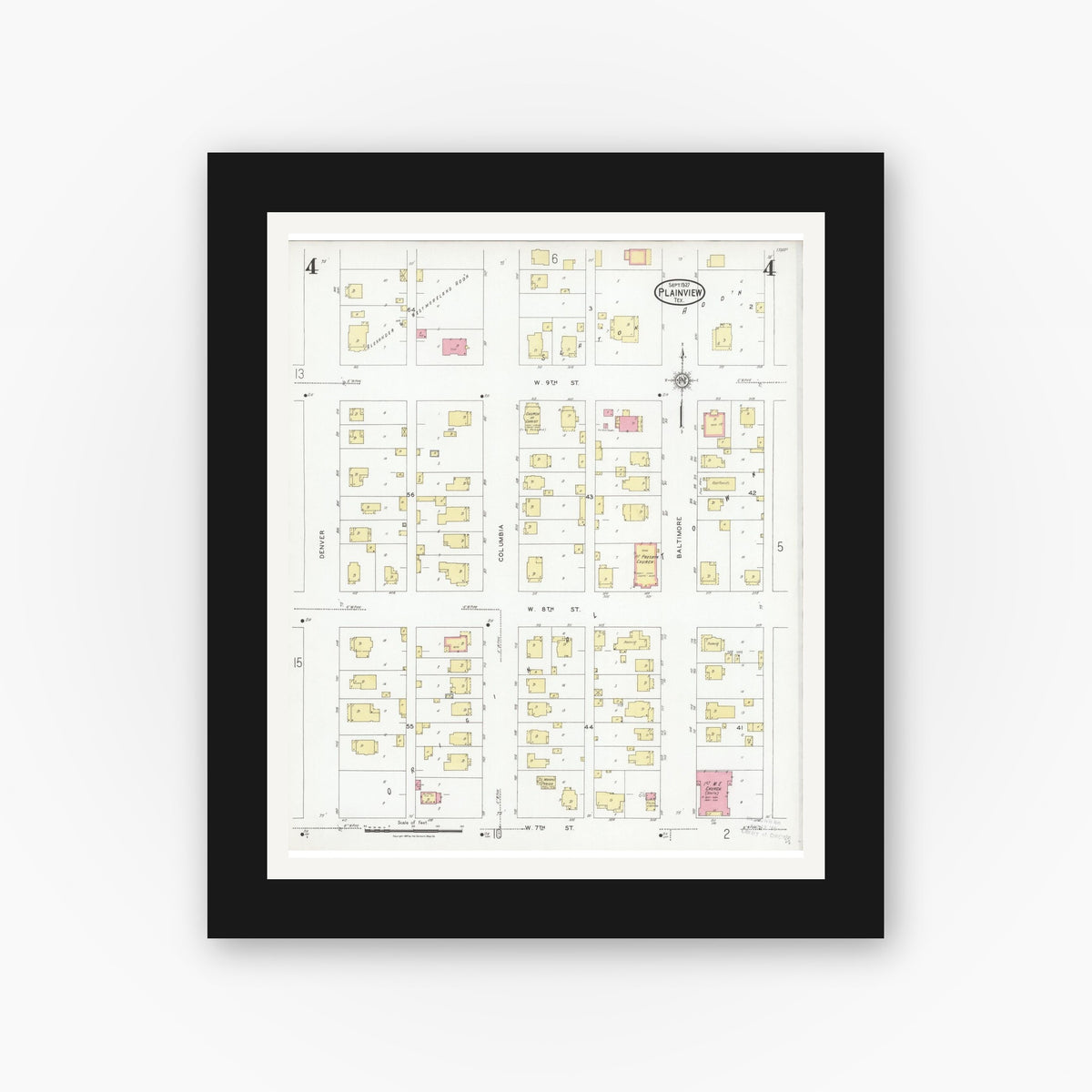 Old map wall art mockup — black gallery frame with white mat — Sanborn Fire Insurance Map from Plainview, Hale County, Texas (1927), Sheet #0004