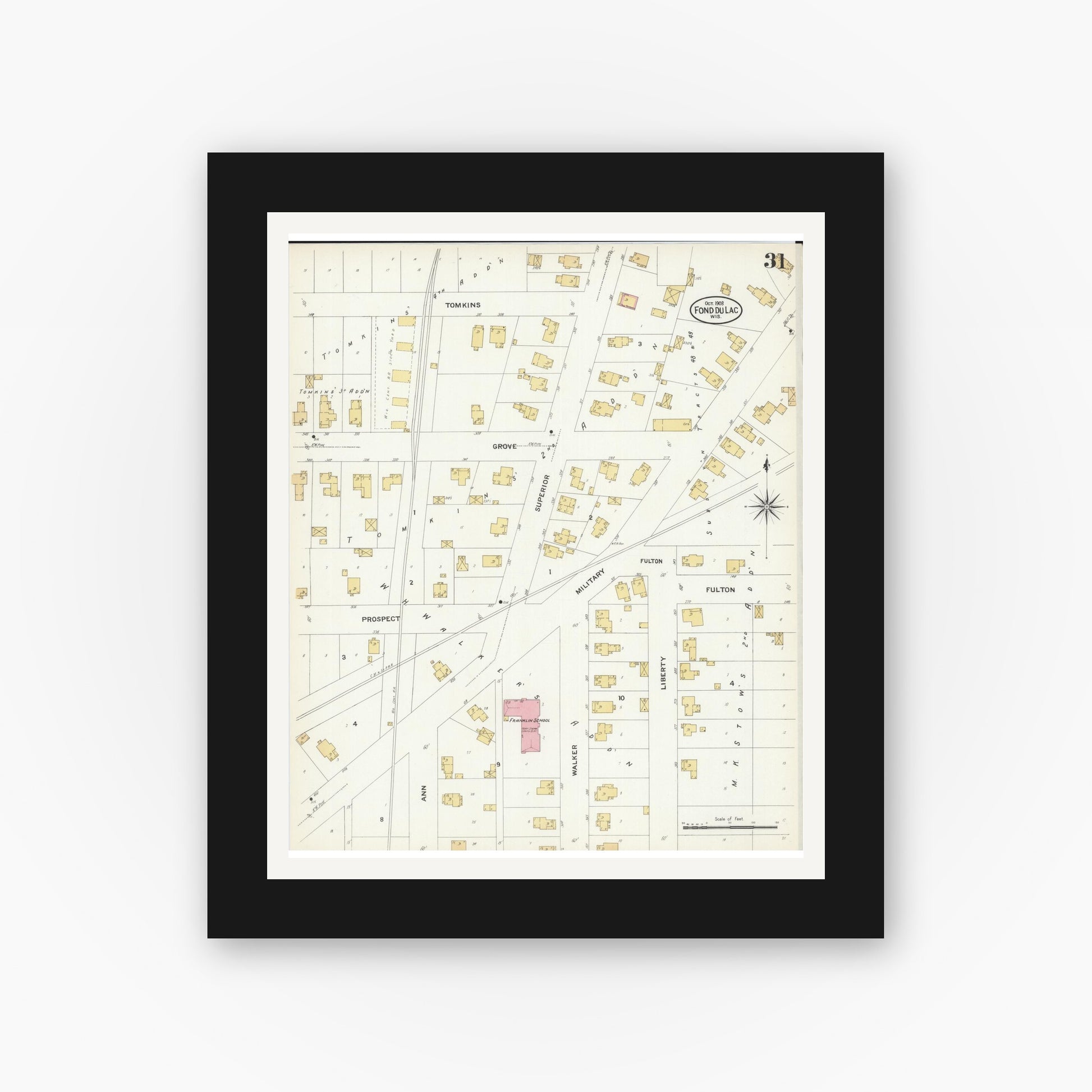 Old map wall art mockup — black gallery frame with white mat — Sanborn Fire Insurance Map from Fond du Lac, Fond du Lac County, Wisconsin (1908), Sheet #0031