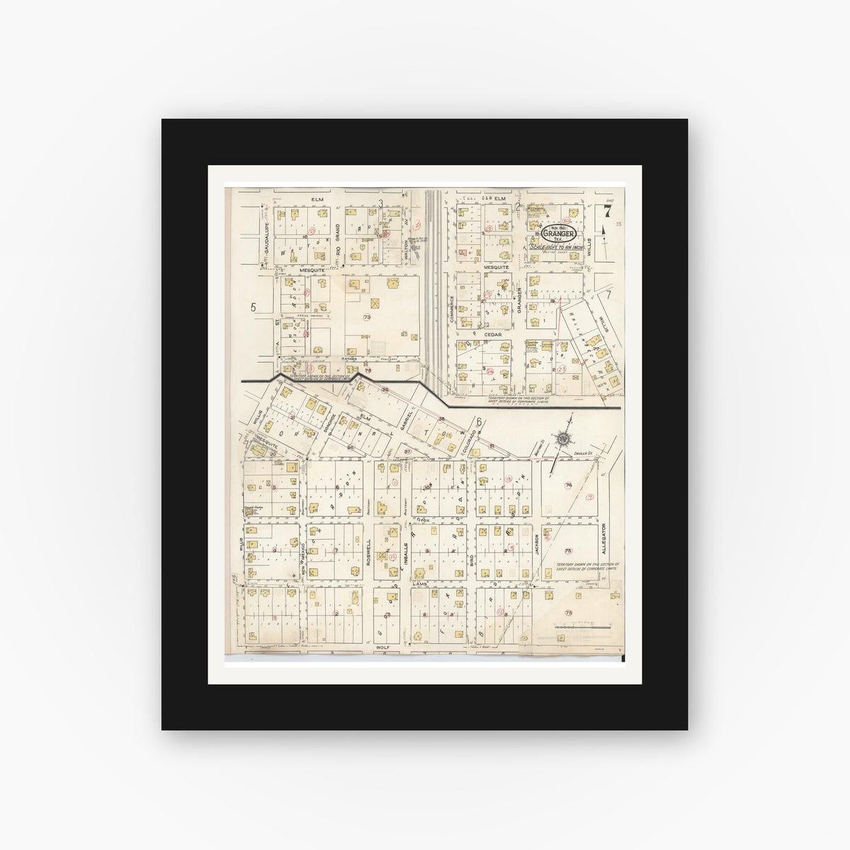 Old map wall art mockup — black gallery frame with white mat — Sanborn Fire Insurance Map from Granger, Williamson County, Texas (1940), Sheet #0007