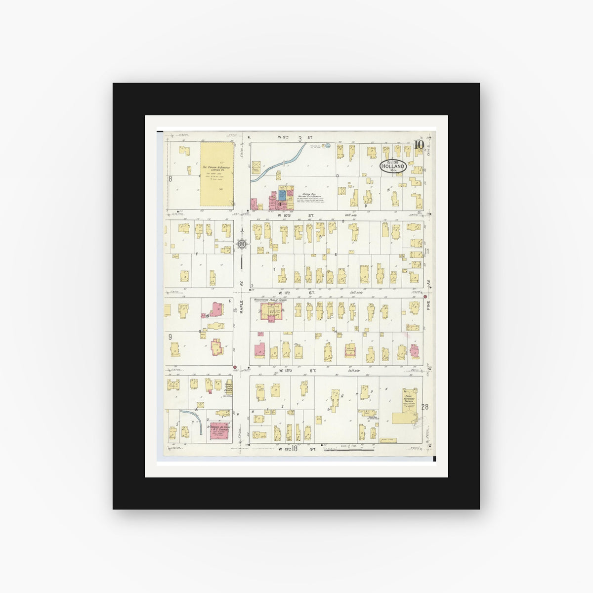 Old map wall art mockup — black gallery frame with white mat — Sanborn Fire Insurance Map from Holland, Ottawa County, Michigan (1916), Sheet #0010
