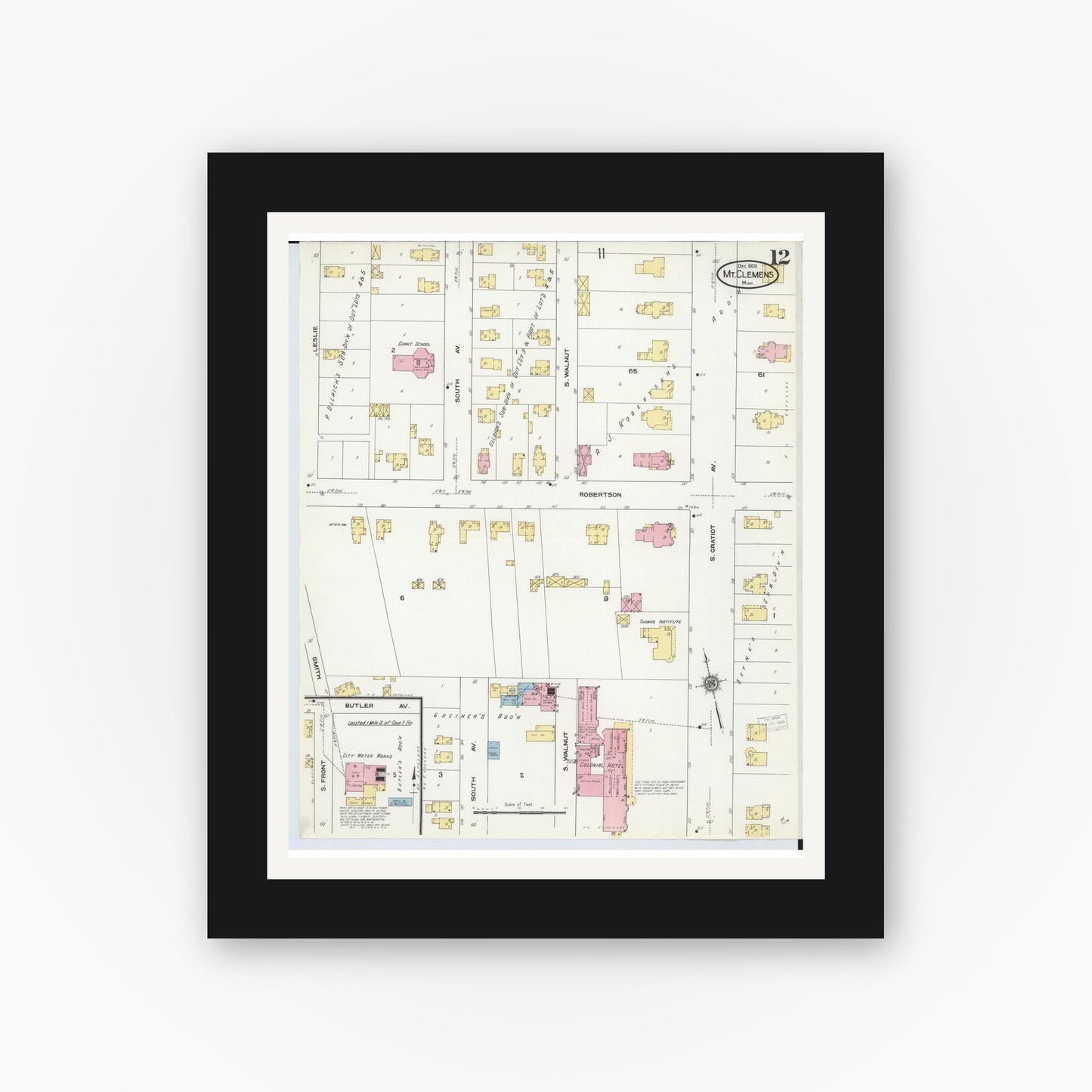 Old map wall art mockup — black gallery frame with white mat — Sanborn Fire Insurance Map from Mount Clemens, Macomb County, Michigan (1909), Sheet #0012