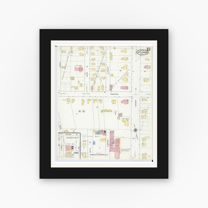 Old map wall art mockup — black gallery frame with white mat — Sanborn Fire Insurance Map from Mount Clemens, Macomb County, Michigan (1909), Sheet #0012