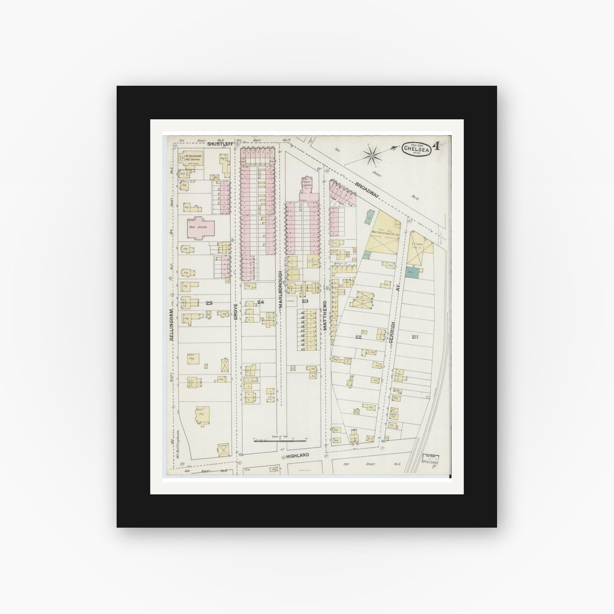 Old map wall art mockup — black gallery frame with white mat — Sanborn Fire Insurance Map from Chelsea, Suffolk County, Massachusetts (1889), Sheet #0004