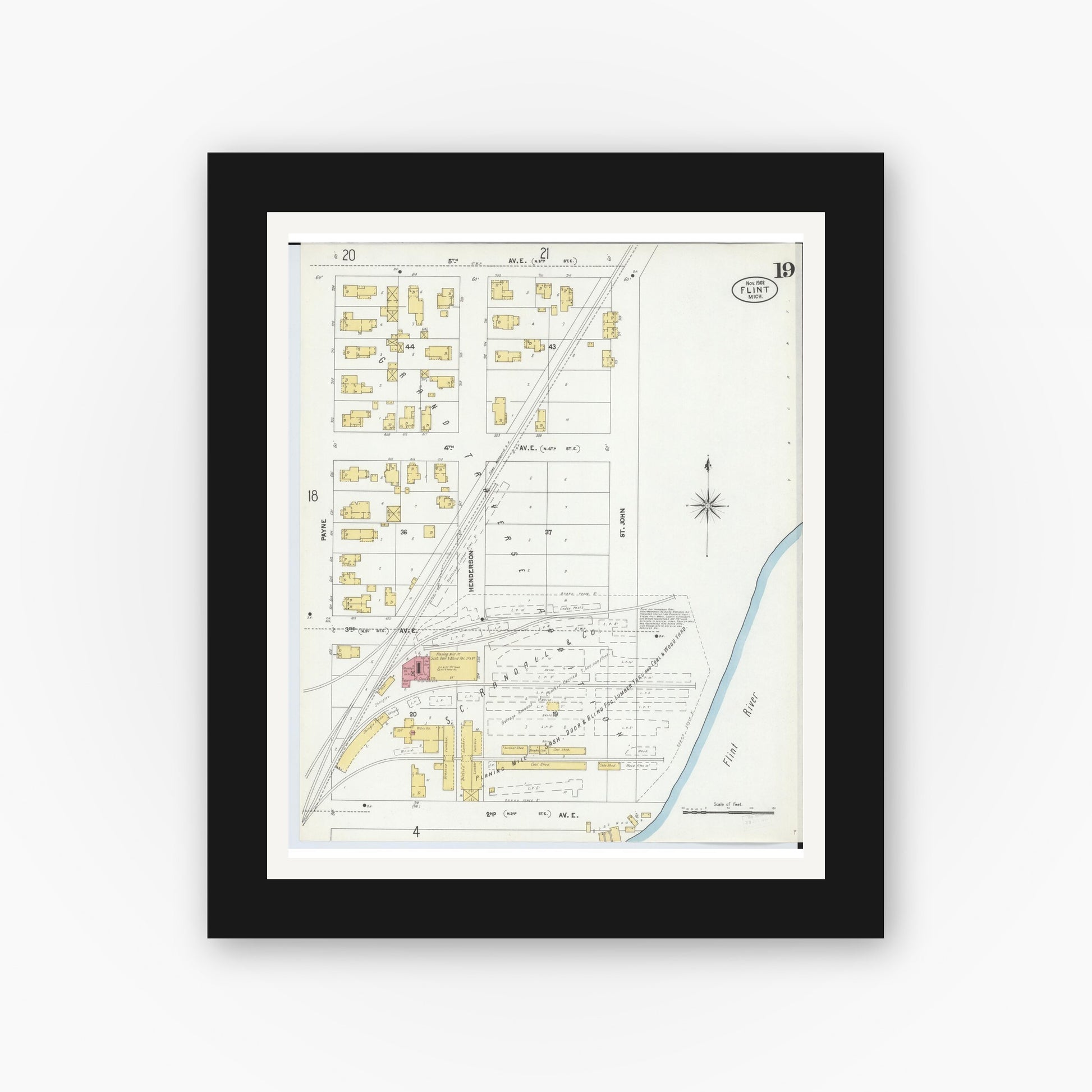 Old map wall art mockup — black gallery frame with white mat — Sanborn Fire Insurance Map from Flint, Genesee County, Michigan (1902), Sheet #0019