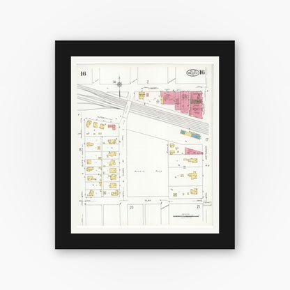 Old map wall art mockup — black gallery frame with white mat — Sanborn Fire Insurance Map from Mexico, Audrain County, Missouri (1926), Sheet #0016