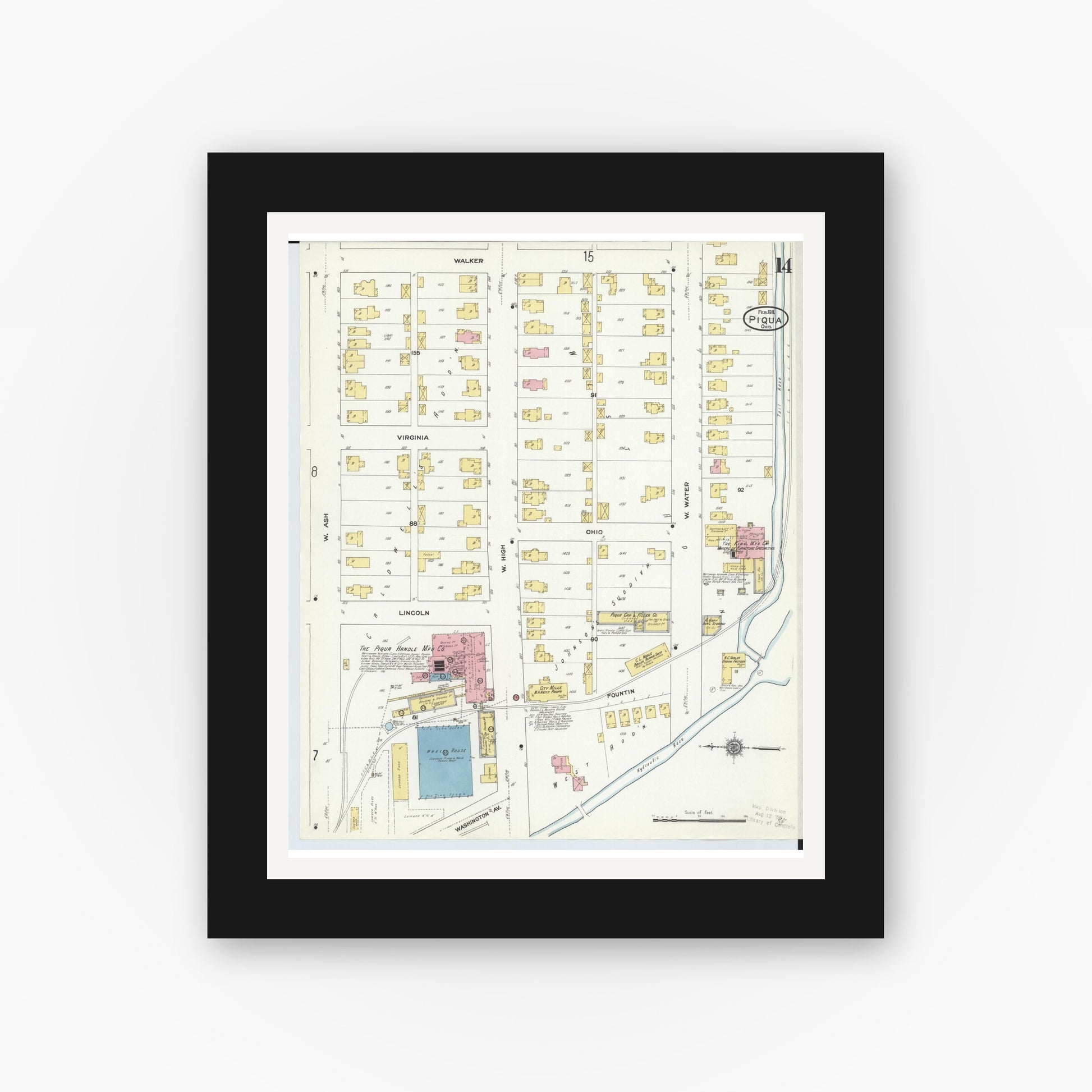 Old map wall art mockup — black gallery frame with white mat — Sanborn Fire Insurance Map from Piqua, Miami County, Ohio (1911), Sheet #0014