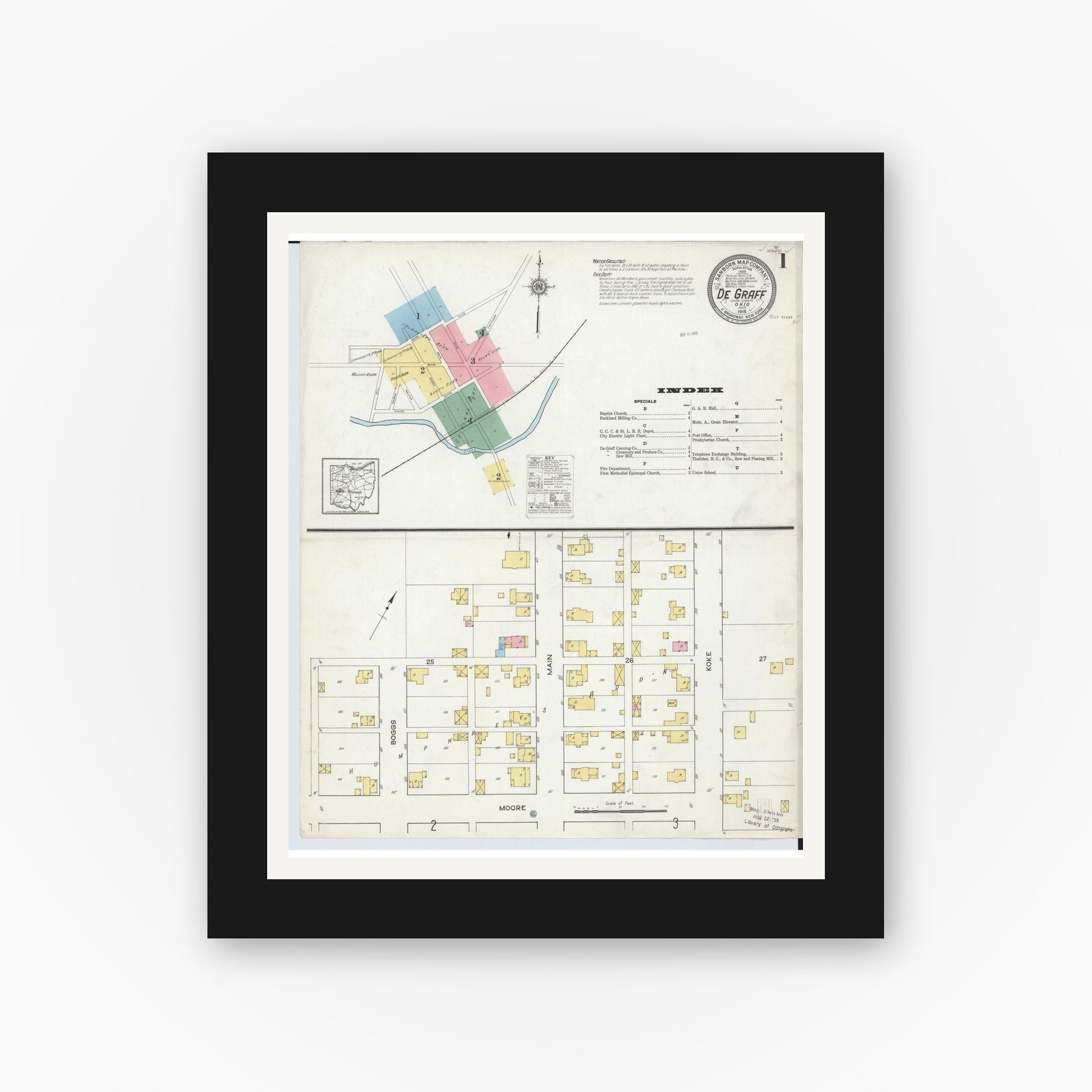 Old map wall art mockup — black gallery frame with white mat — Sanborn Fire Insurance Map from Degraff, Logan County, Ohio (1915), Sheet #0001