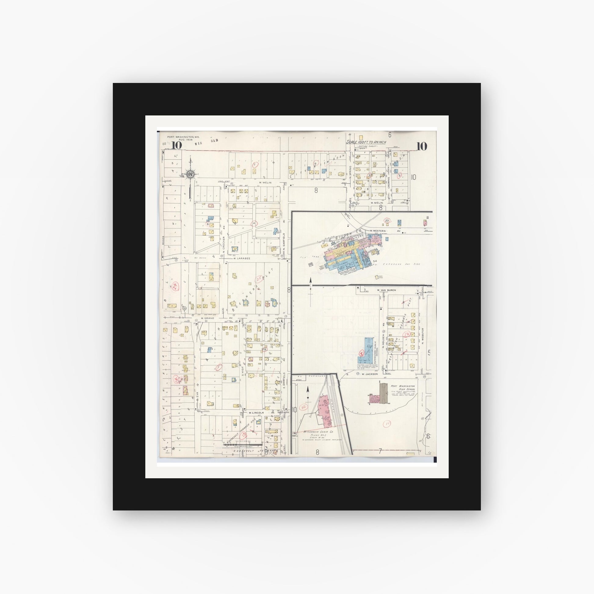 Old map wall art mockup — black gallery frame with white mat — Sanborn Fire Insurance Map from Port Washington, Ozaukee County, Wisconsin (1949), Sheet #0010