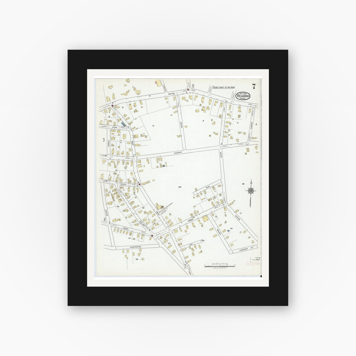 Old map wall art mockup — black gallery frame with white mat — Sanborn Fire Insurance Map from Reading, Middlesex County, Massachusetts (1918), Sheet #0007